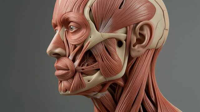 Detailed human face anatomy revealing muscles and skin layers in stunning close up visualization