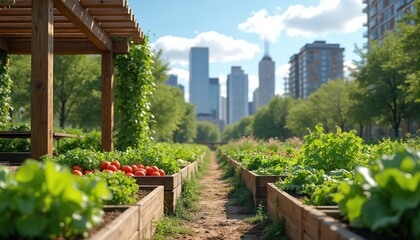 Urban community farm grows fresh vegetables and tomatoes in raised garden beds. City buildings rise behind green trees and pergolas. Healthy organic food produced locally for neighborhood residents.