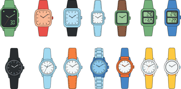 Collection of colorful wristwatch icons vector set, modern analog and digital watches illustration for fashion and time concepts