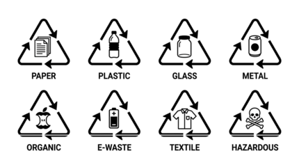 Set of 8 Black and White Recycling Icons Vector isolated PNG with Transparent Background