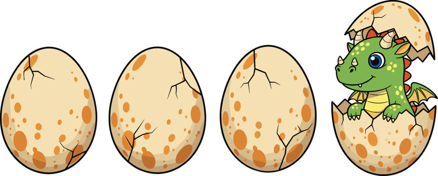 Cute baby dinosaur hatching from egg vector illustration, cartoon prehistoric reptile character for kids and nursery design