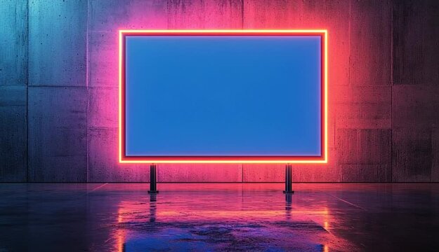 Large rectangular digital billboard or LED screen with glowing neon frame border, pink magenta and orange neon lights on outer edge, inner white neon border