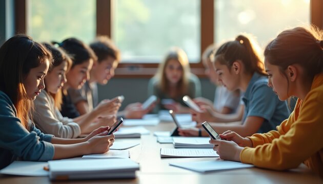 High school students in classroom holding phones, tablets. Young people focus on digital devices instead of teacher during lesson time. Teenagers use tech for study, games, social media. Distracted