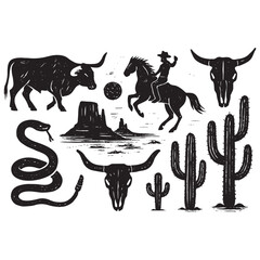 Western Desert Linocut Print Set &ndash; Boho Cactus, Canyon Wildlife & Rodeo Icons