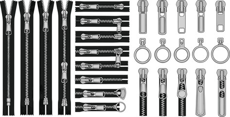 Zipper set vector, metal zip fastener collection, clothing zipper parts, puller sliders and teeth, garment accessories, realistic flat illustration elements © Mostafizar