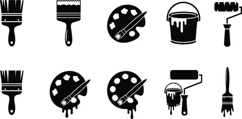 Painting tools silhouette icon set, brushes rollers palette and paint bucket, painter equipment symbols, black vector graphics isolated on white © Santo's World