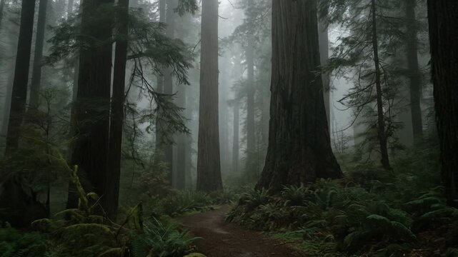 Firefly glowing in a misty forest with towering trees and lush green ferns along a winding path