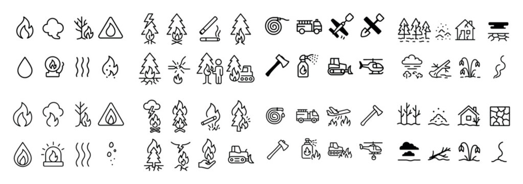 Forest fire safety and prevention icons