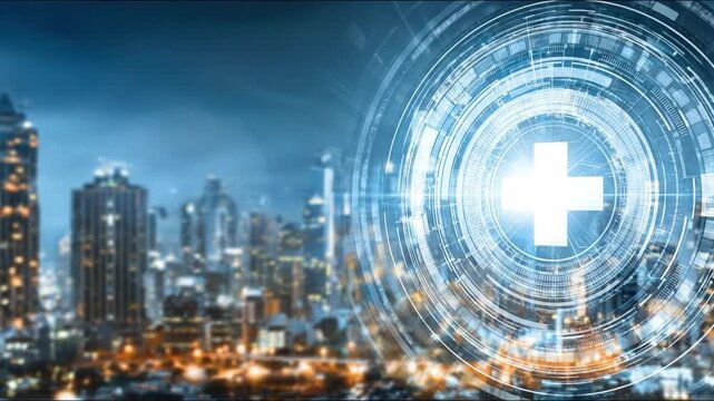 A cityscape featuring a prominent cross symbolizing health priorities and urban wellbeing in a modern environment. Smart City Health Technology Overlay &ndash; Animated Video Version