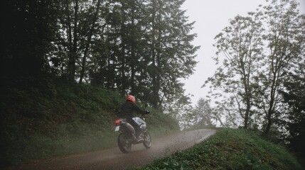 Obraz premium Motorcyclist riding on winding forest road in heavy rain
