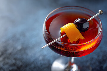 Czerwony drink z wiśnią i sk&oacute;rką pomarańczy na patyczku w kieliszku koktajlowym.