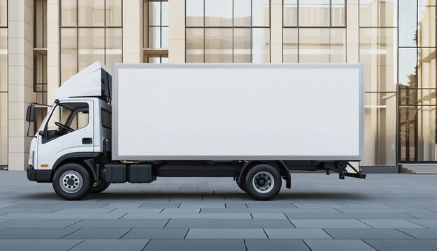White delivery box truck with blank cargo container mockup, parked in front of modern commercial building with floor-to-ceiling glass windows, gray concrete tile pavement