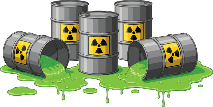 Radioactive waste barrels with toxic green leak vector illustration, hazardous nuclear pollution danger concept for environmental design