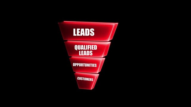 Red sales funnel animation showing lead qualification and customer conversion process, glowing marketing pipeline and business growth concept
