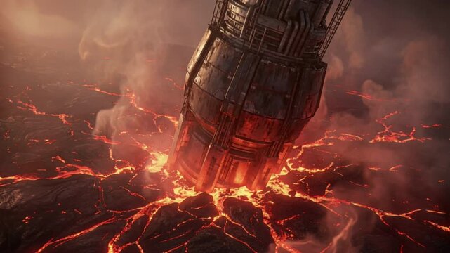 Titanic geothermal extraction spire descending into glowing magma fissures, heat‑shield plating, red‑orange atmospheric glow and shimmering thermal distortion, futuristic industrial architecture.