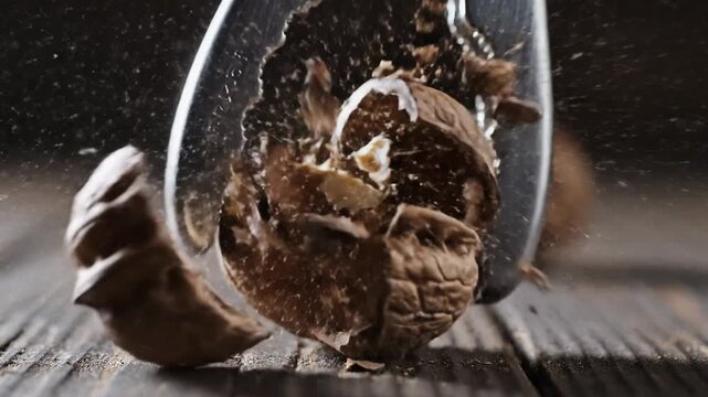 Close-up of a walnut being cracked open by a nutcracker on a wooden table