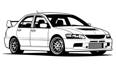 Detailed vector illustration of a high-performance Japanese sport sedan in a minimalist line art style