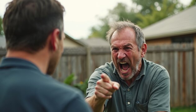 Older man yells furiously pointing finger at younger man. Neighbors argue outdoors near wooden fence. Conflict and anger displayed, showing dispute between two males.