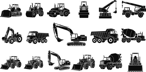 Construction Machinery Silhouette Set Including Excavators, Bulldozers, Dump Trucks And Heavy Equipment Vehicles Isolated On White Background For Industrial Engineering And Building Concept © rehna
