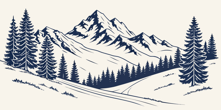 Majestic mountain range with pine trees