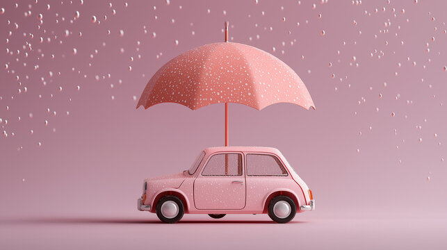Cute 3D Car Under Umbrella in Rain Concept for Insurance and Protection