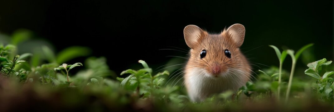 A small brown mouse voles is standing in a field of green grass