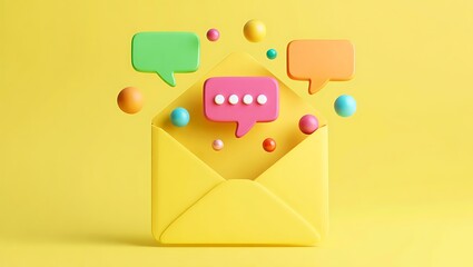 3D render of open envelope with speech bubbles representing digital communication, email notifications, messaging, and social media interaction on a modern yellow minimalist background.
