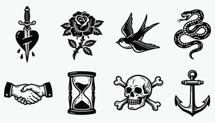 Vintage Traditional Tattoo Flash Set Vector Illustrations