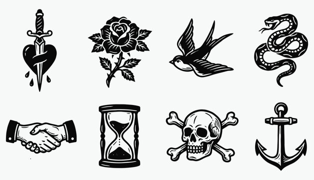 Vintage Traditional Tattoo Flash Set Vector Illustrations