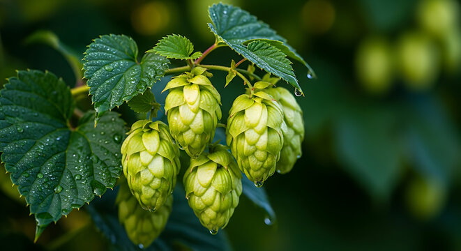 Vibrant fresh green hops with dew drops growing on a vine, perfect for brewing and natural products.