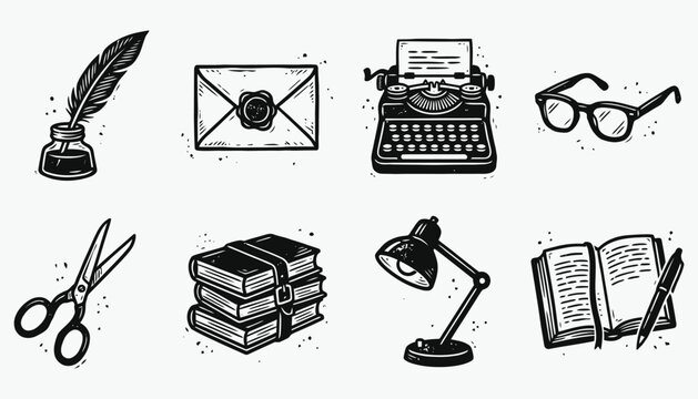 Vintage Writing and Education Icon Set in Woodcut Style