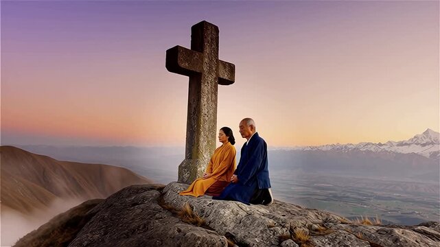 an ethereal image of a majestic cross on a mountain at sunrisestands atop bathed in warm golden