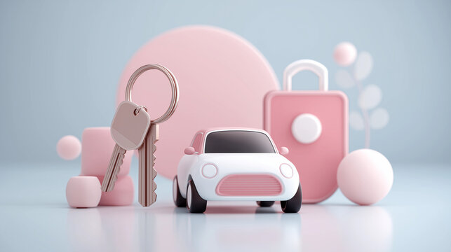 Minimal 3D Car Security Scene with Key and Padlock, Auto Insurance Protection Concept in Soft Pastel Colors