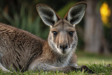 Fototapeta premium Kangaroo resting on green grass with soft fur and large ears in natural outdoor environment showing calm and peaceful expression