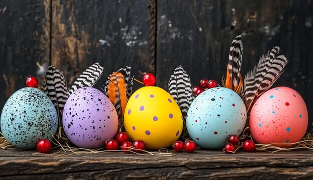 Colorful Easter eggs arranged in a row on rustic dark wooden surface, pastel eggs in yellow purple turquoise pink and white with speckled patterns, decorated with natural bird feathers
