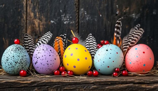 Colorful Easter eggs arranged in a row on rustic dark wooden surface, pastel eggs in yellow purple turquoise pink and white with speckled patterns, decorated with natural bird feathers
