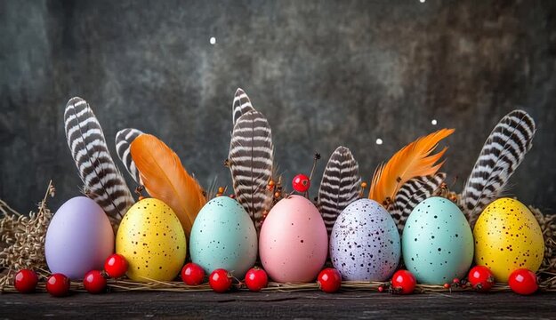 Colorful Easter eggs arranged in a row on rustic dark wooden surface, pastel eggs in yellow purple turquoise pink and white with speckled patterns, decorated with natural bird feathers

