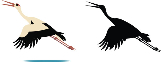 Obraz premium Flying Stork Bird Illustration in Color and Silhouette Style Vector for Wildlife Nature and Animal Concept