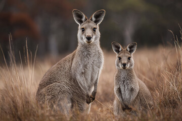 Fototapeta premium Kangaroo standing alert with baby joey in pouch in serene natural grassland environment with soft focus background and warm tones