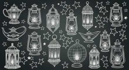 Hand-Drawn Chalkboard Art with White Chalk Lanterns and Stars Background