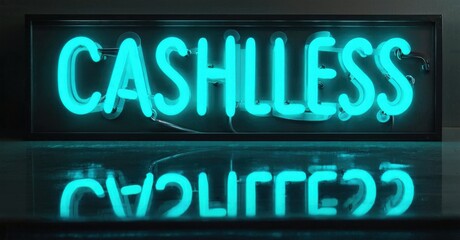 Fototapeta premium Bright neon sign displays CASHLESS text, reflected below. Dark background emphasizes glowing turquoise illumination. Modern aesthetic, simple design.