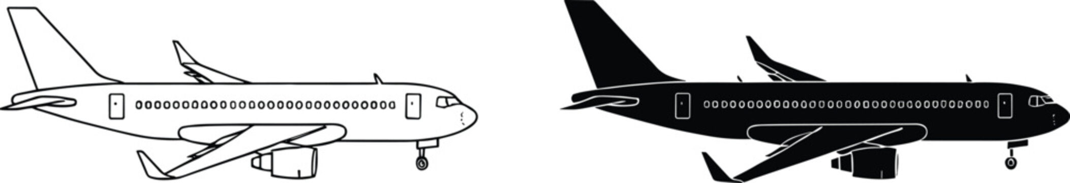 Commercial airplane side view icon set in outline and silhouette styles for aviation travel transport designs