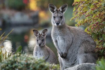 Two kangaroos standing near water with green foliage around, showing calm and natural wildlife scene in soft light
