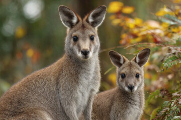 Fototapeta premium Kangaroo animal wildlife nature forest brown fur alert ears two mammals