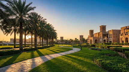Obraz premium Serene Desert Oasis Resort Pathway Lined with Palm Trees and Traditional Architecture at Sunset