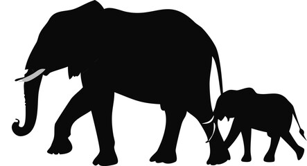 Fototapeta premium Elephant Walking With A Calf In The Savanna Silhouette