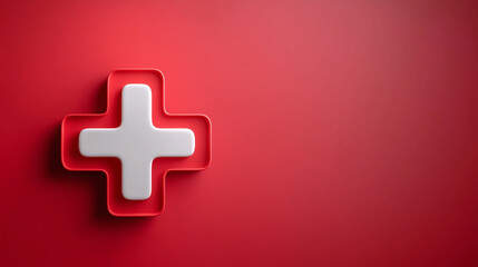 Obraz premium Healthcare Symbol Concept: 3D Medical Cross Icon on Red Background Copy Space