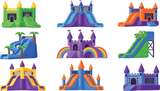 Set of colorful inflatable bounce houses and castle slides vector illustration, fun kids playground attractions for party design