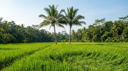 Obraz premium Two Tall Palm Trees Standing in a Lush Green Rice Field Surrounded by Tropical Forest paddy agriculture
