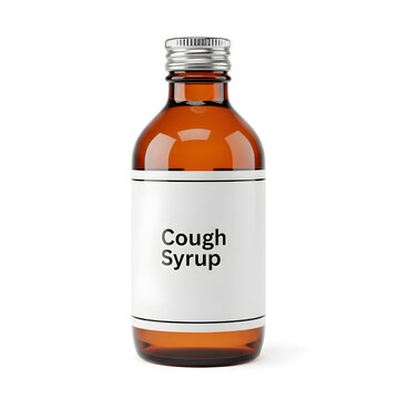 Cough syrup bottle with label in clear glass packaging  